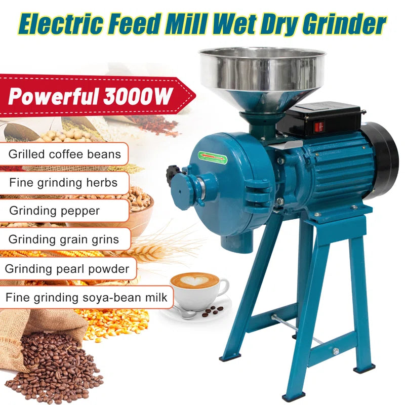 Grain Mills, Upgraded 3000W Wet Dry Cereals Grinder Electric Grain Grinder Corn Mill Heavy Duty 110V Commercial Grain Grinder Machine with Funnel
