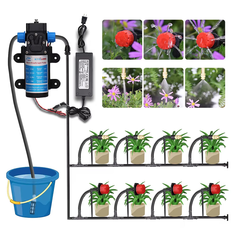 Garden Greenhouse Automatic Misting Cooling Irrigation Kit 45/60/80/100W Self-Priming Pressurize Water Pump Drip Watering System