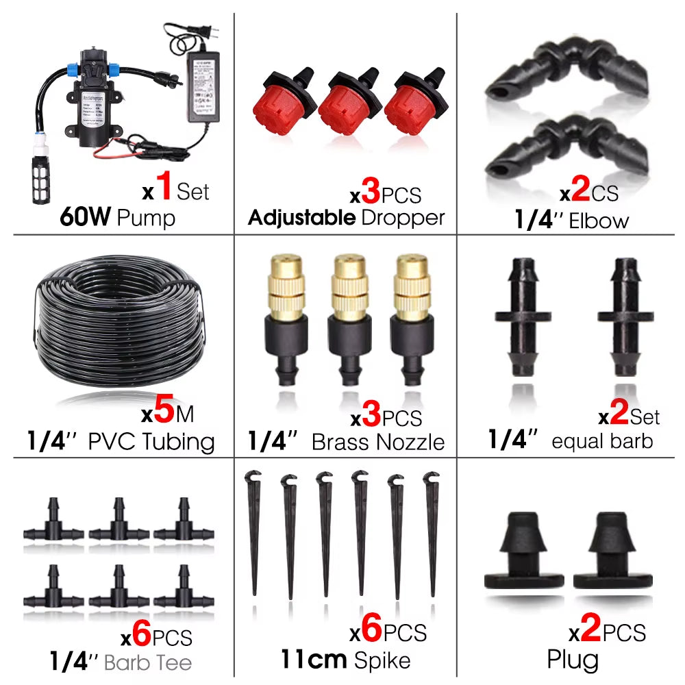 Garden Greenhouse Automatic Misting Cooling Irrigation Kit 45/60/80/100W Self-Priming Pressurize Water Pump Drip Watering System