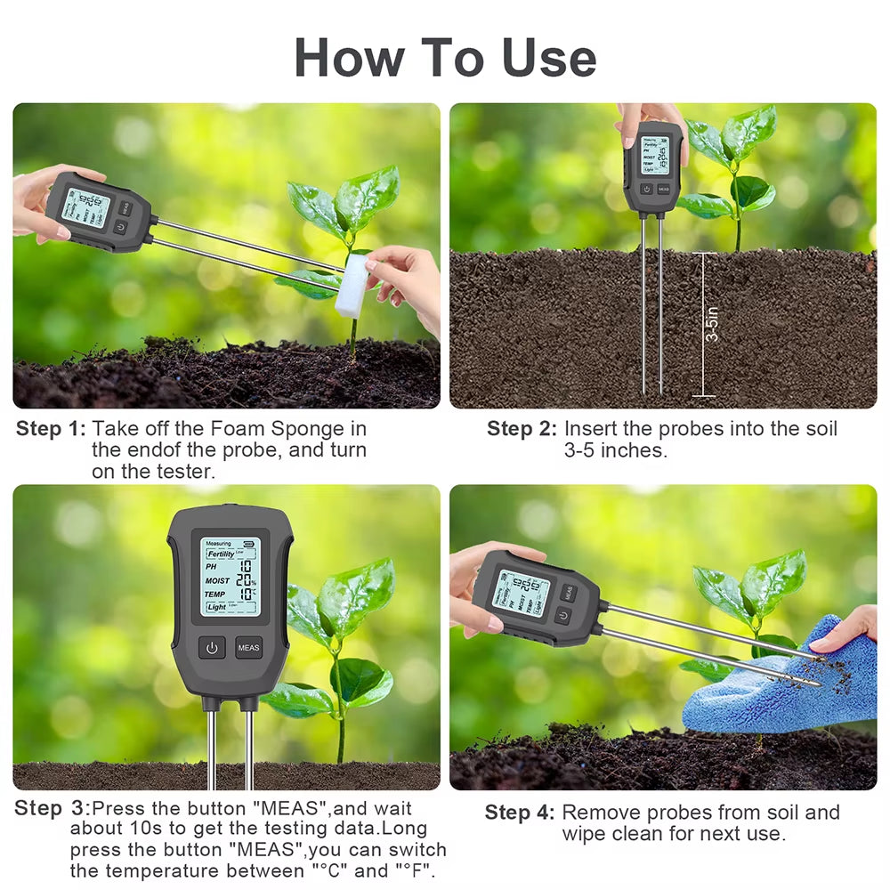 5 in 1 Digital Soil Tester Fertility/Moisture/Ph/Temp/Sunlight Meter with Backlight for Plants Lawn Farm Gardening Soli Analyzer