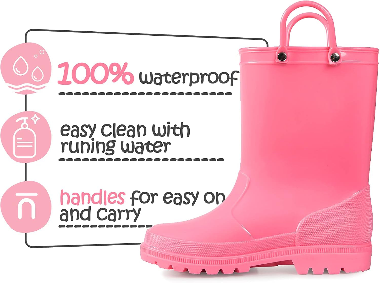 Kids Girls & Boys Rain Boots with Easy-On Handles Waterproof Outdoors