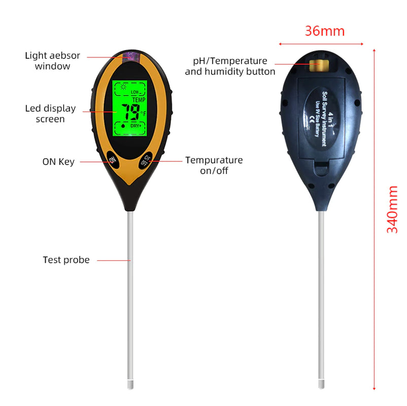 4 in 1 LCD Digital Soil Tester PH Water Temperature Sunlight Plant Test
