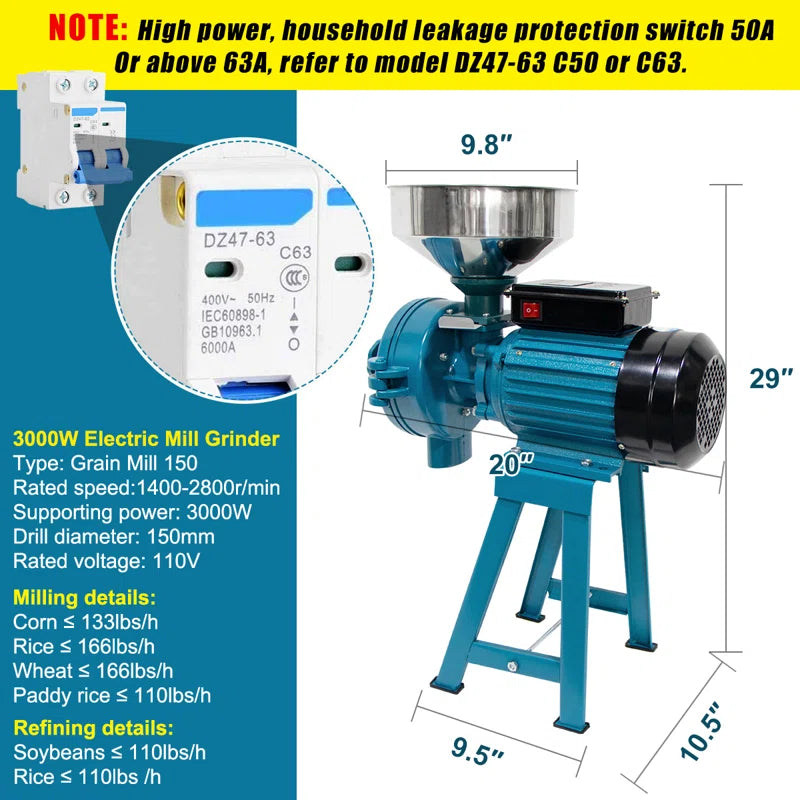 Grain Mills, Upgraded 3000W Wet Dry Cereals Grinder Electric Grain Grinder Corn Mill Heavy Duty 110V Commercial Grain Grinder Machine with Funnel