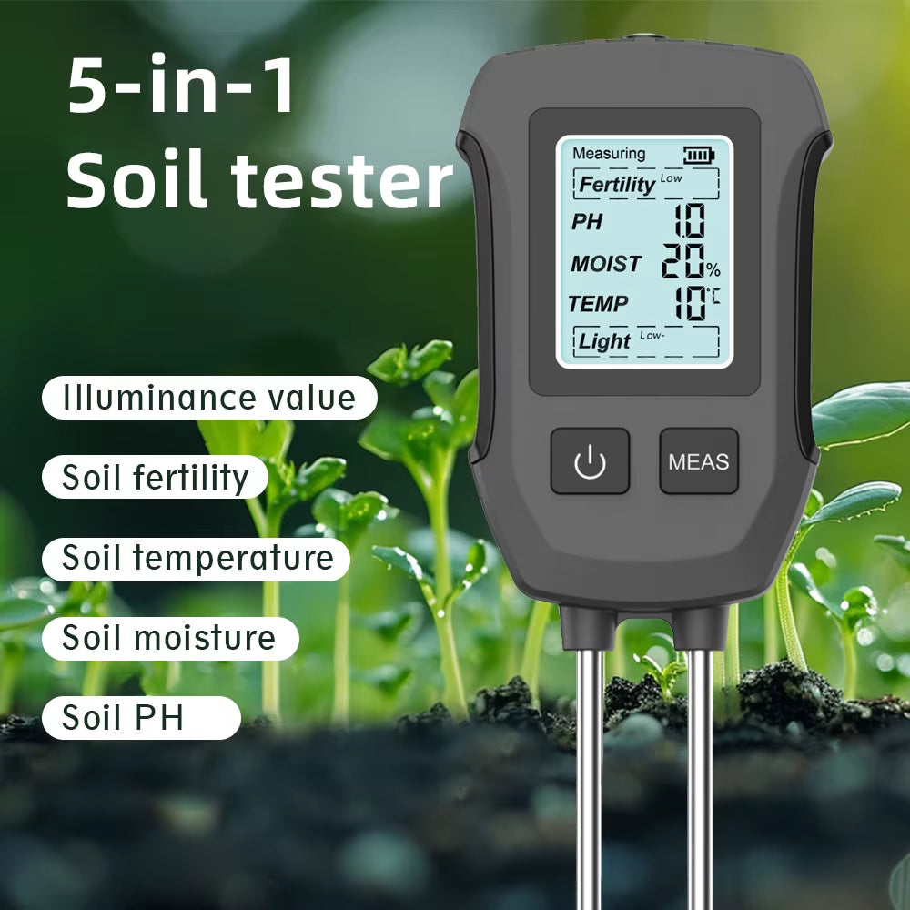 5 in 1 Digital Soil Tester Fertility/Moisture/Ph/Temp/Sunlight Meter with Backlight for Plants Lawn Farm Gardening Soli Analyzer