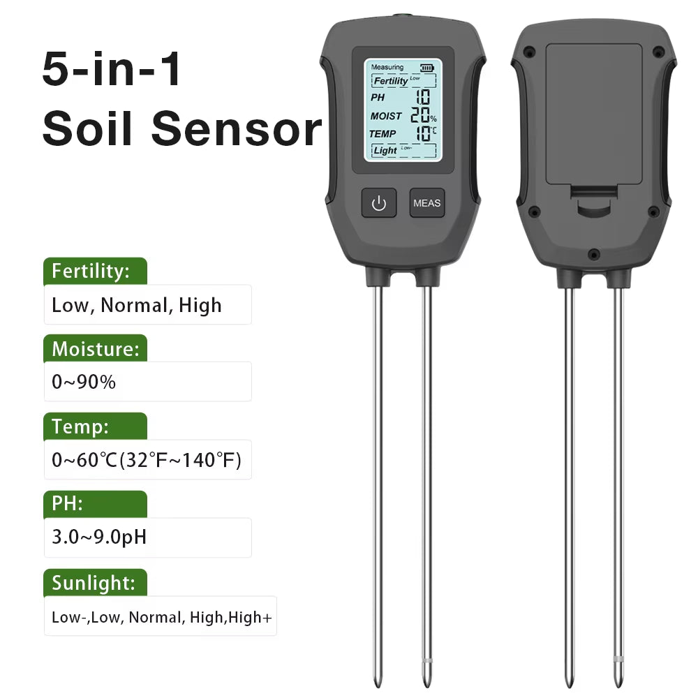 5 in 1 Digital Soil Tester Fertility/Moisture/Ph/Temp/Sunlight Meter with Backlight for Plants Lawn Farm Gardening Soli Analyzer