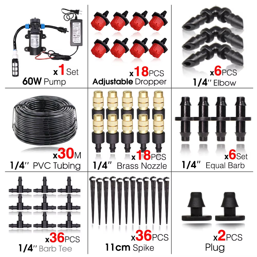 Garden Greenhouse Automatic Misting Cooling Irrigation Kit 45/60/80/100W Self-Priming Pressurize Water Pump Drip Watering System