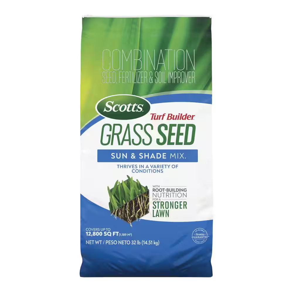 Turf Builder 32 Lbs. Grass Seed Sun & Shade Mix with Fertilizer and Soil Improver Thrives in a Variety of Conditions