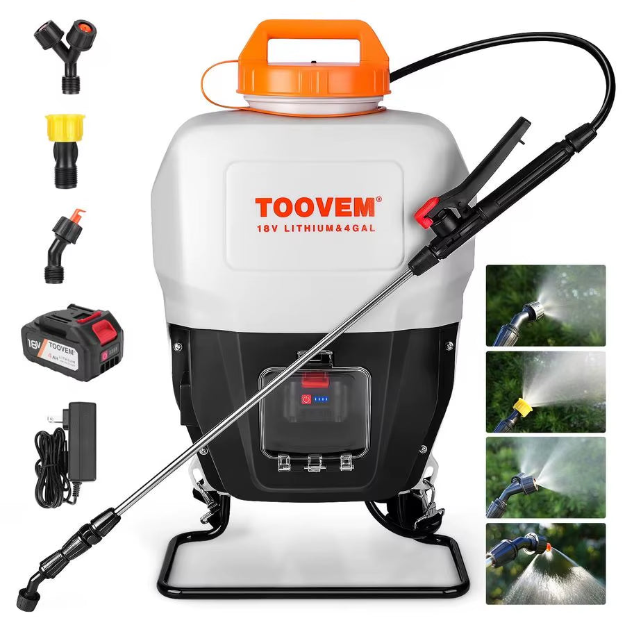 4 Gallon Battery Powered Backpack Sprayer Electric Garden Sprayer with 18V Strong Battery, Automatic Pressurization, 4 Nozzles,
