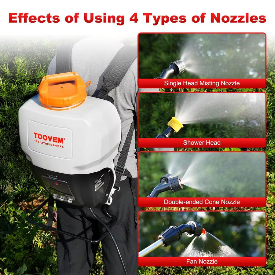 4 Gallon Battery Powered Backpack Sprayer Electric Garden Sprayer with 18V Strong Battery, Automatic Pressurization, 4 Nozzles,