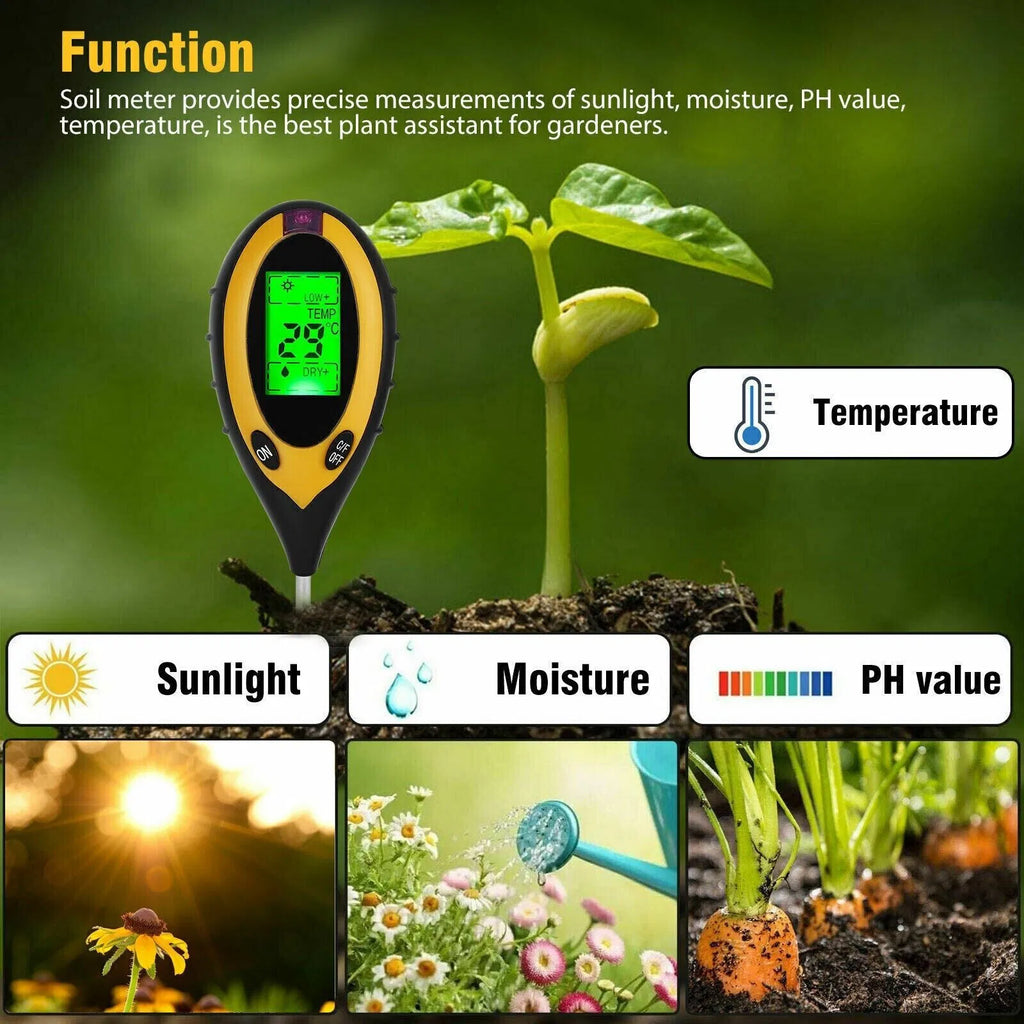 4 in 1 LCD Digital Soil Tester PH Water Temperature Sunlight Plant Test