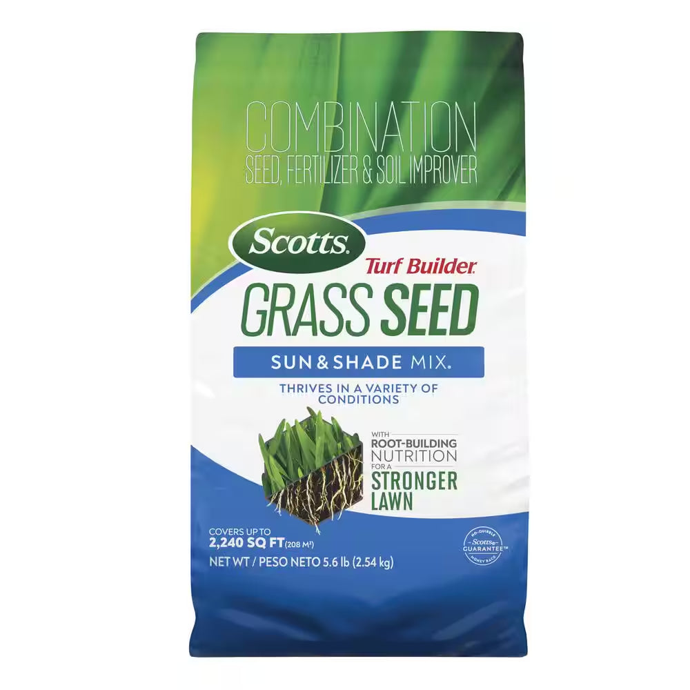 Turf Builder 5.6 Lbs. Grass Seed Sun & Shade Mix with Fertilizer and Soil Improver Thrives in a Variety of Conditions