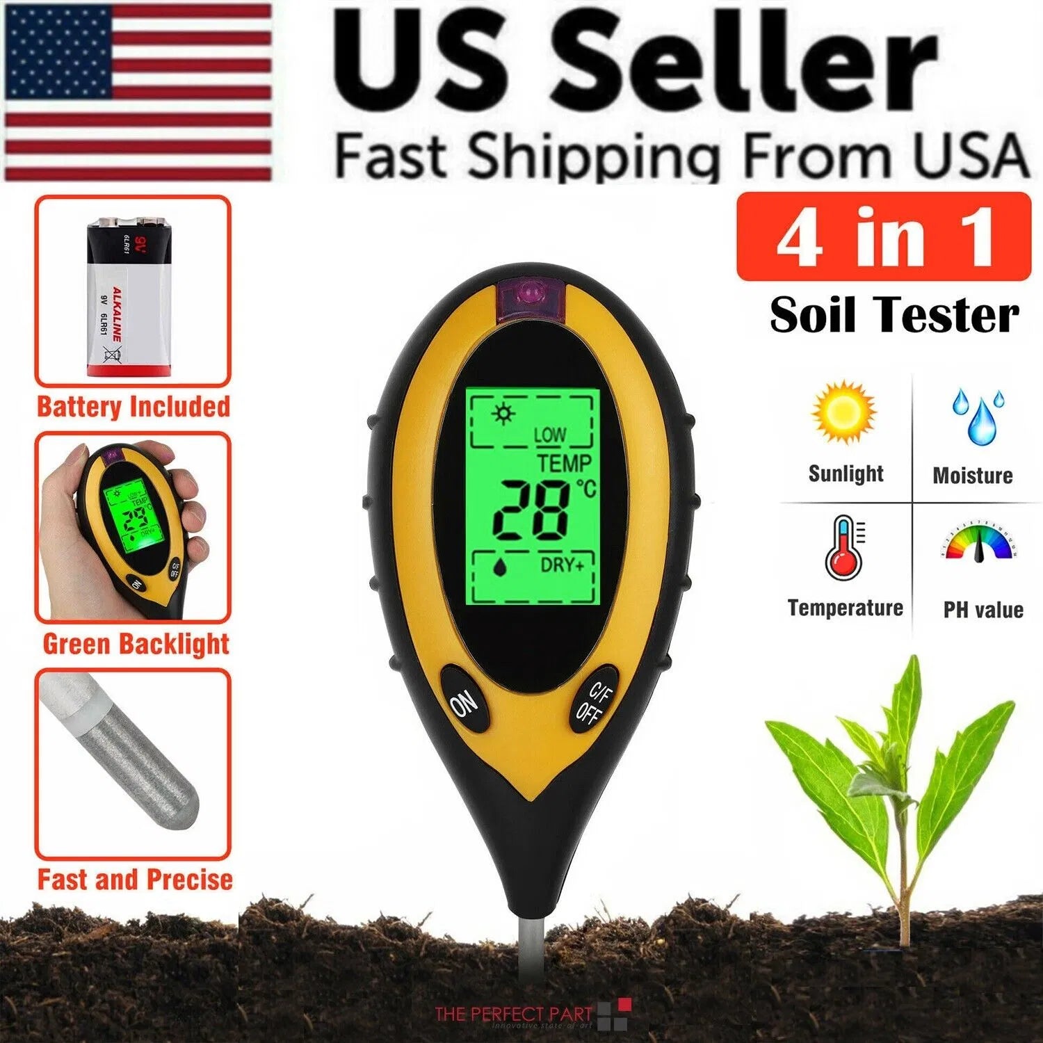 4 in 1 LCD Digital Soil Tester PH Water Temperature Sunlight Plant Test