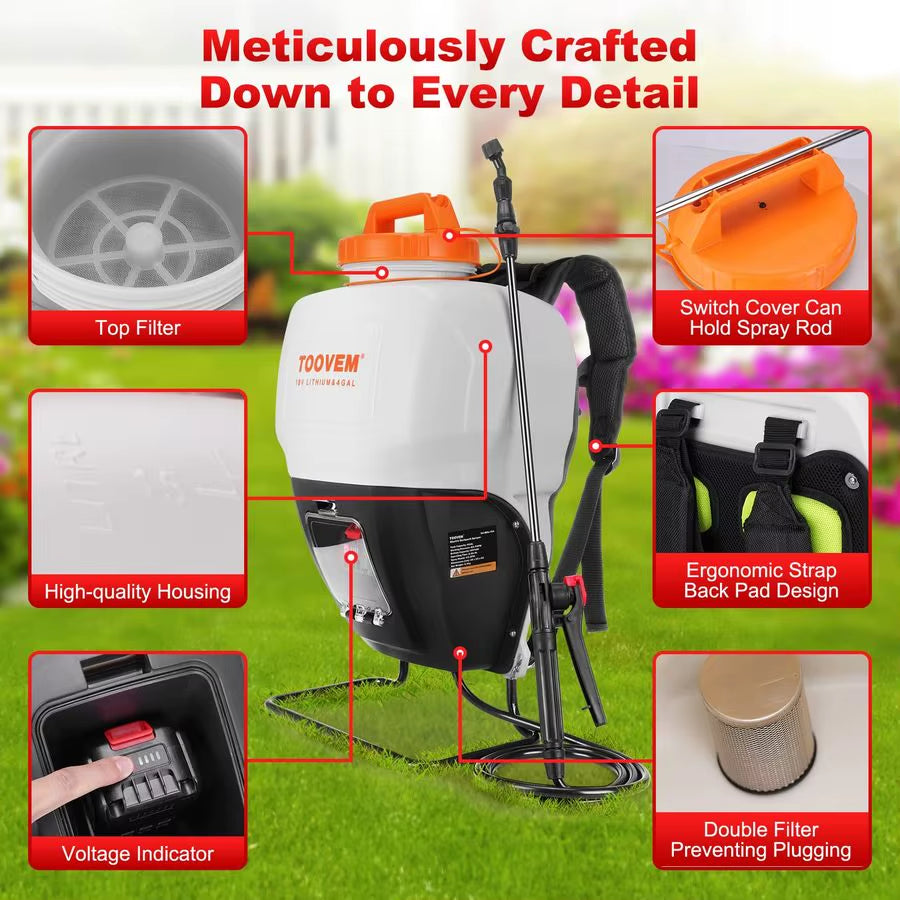 4 Gallon Battery Powered Backpack Sprayer Electric Garden Sprayer with 18V Strong Battery, Automatic Pressurization, 4 Nozzles,