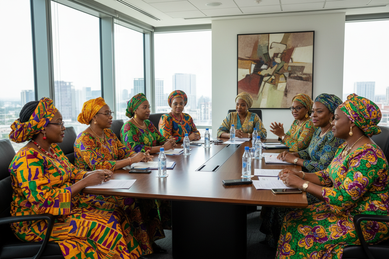 femme learder africaine discutant dans une salle habillée en tenu africaine
